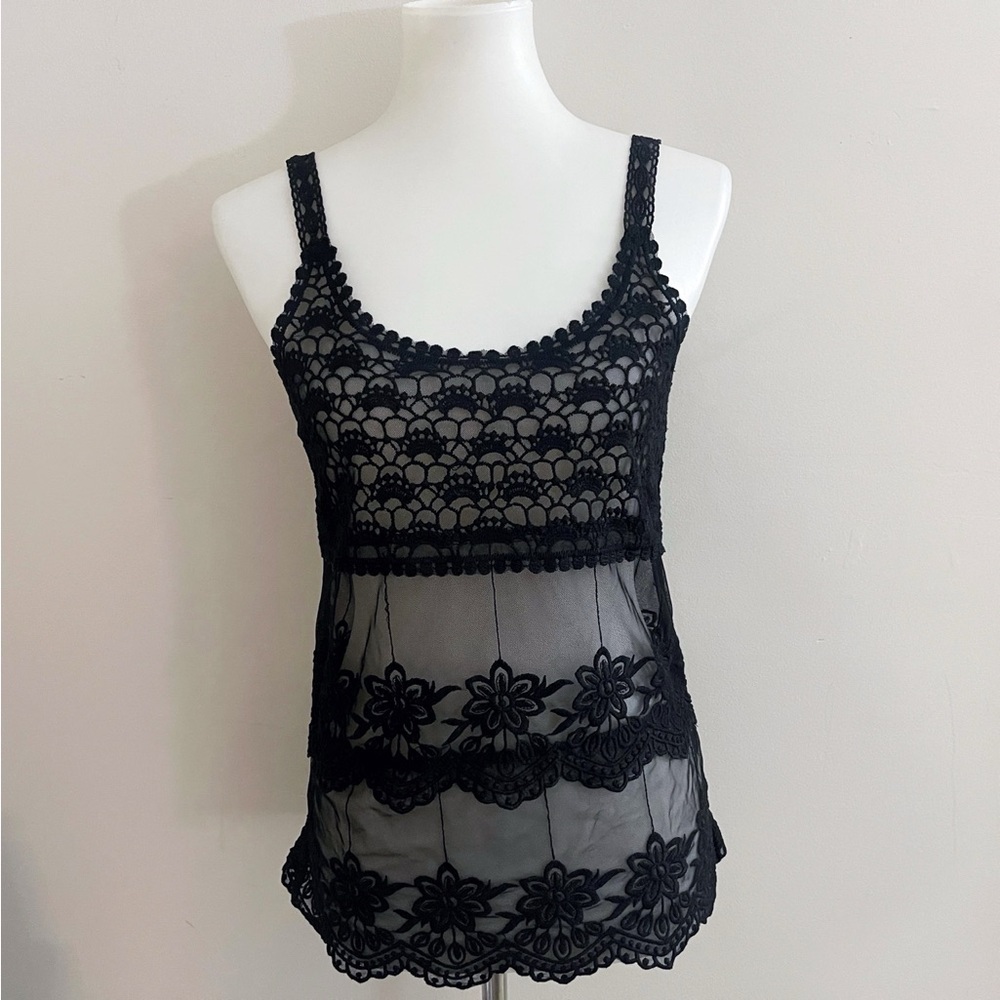 (sold)Y2k Black Crochet Lace Floral Tank Top Festival Boho Fairy